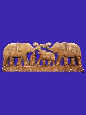 Carved Elephants Wood Wall Key Holder